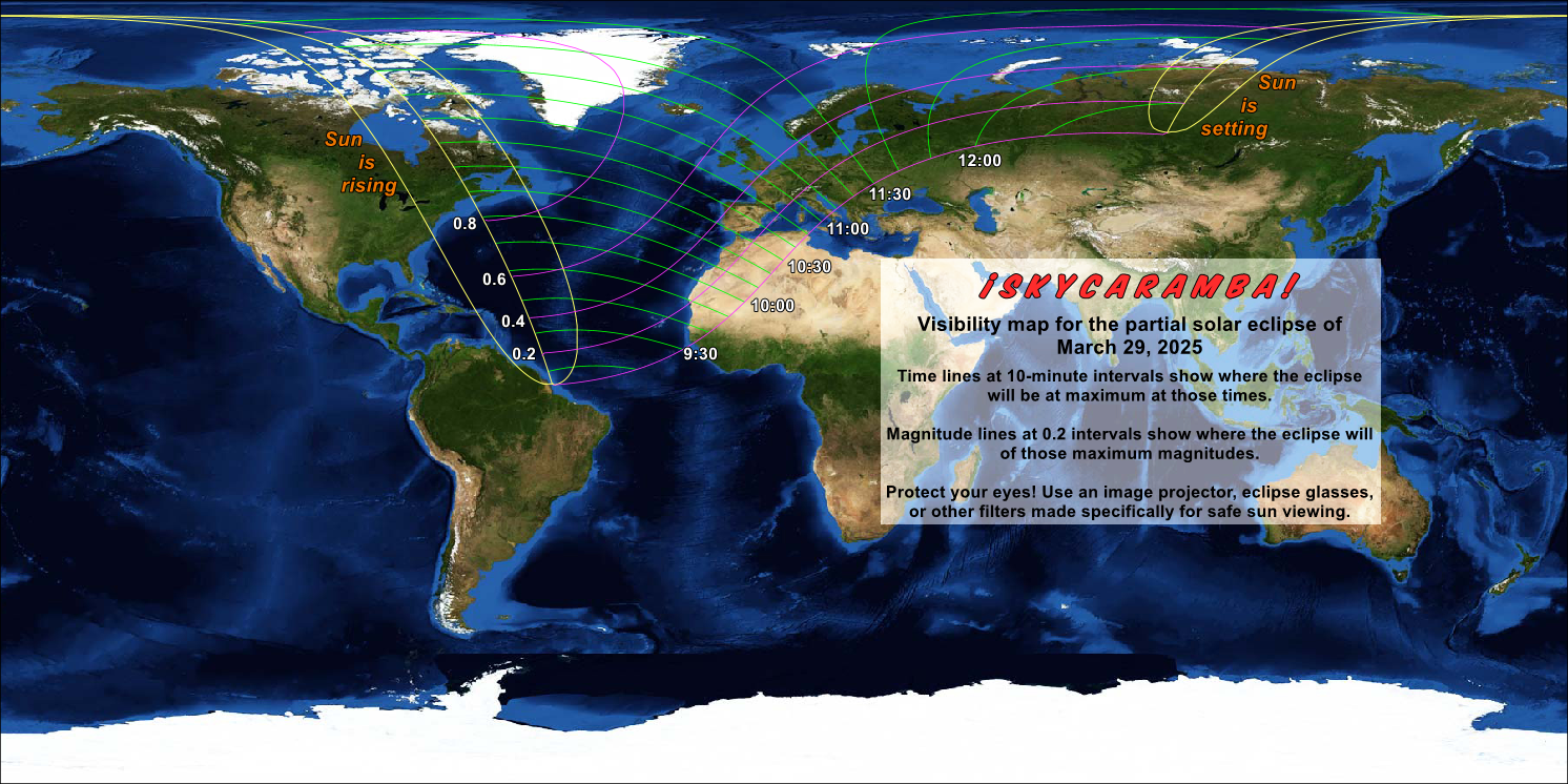 Visibility map for the partial solar eclipse of March 29, 2025