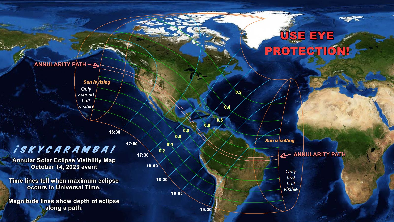 Visibility map for the annular solar eclipse of October 14, 2023