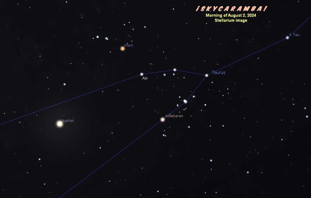 Mars close to Ain, Jupiter nearby, morning of August 2, 2024