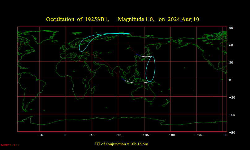 Visibility map for the lunar occultation of Spica August 10, 2024