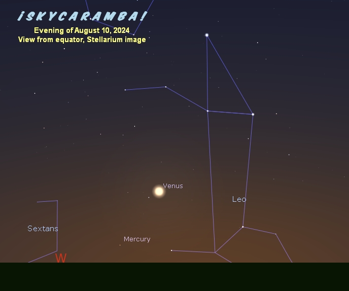 Venus and Mercury left of Leo, equator view, evening of August 10, 2024