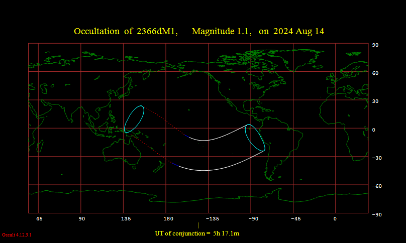 Visibility map for the lunar occultation of Antares August 14, 2024