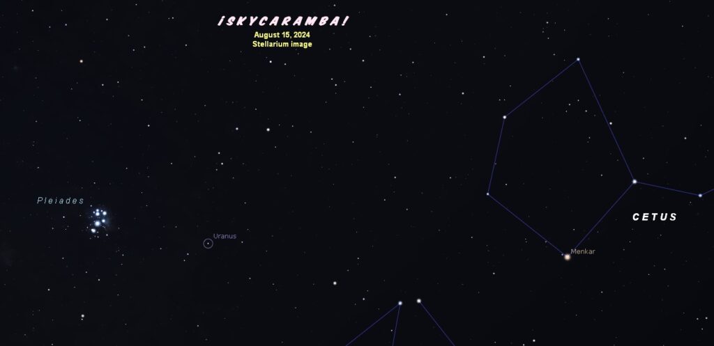 Uranus finder guide showing the planet between the Pleiades and the head of Cetus on August 15, 2024