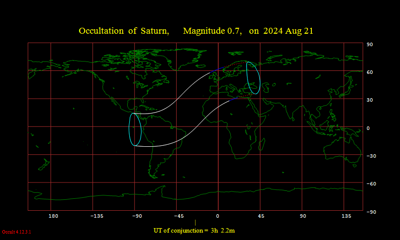 Visibility guide for the lunar occultation of Saturn on August 21, 2024