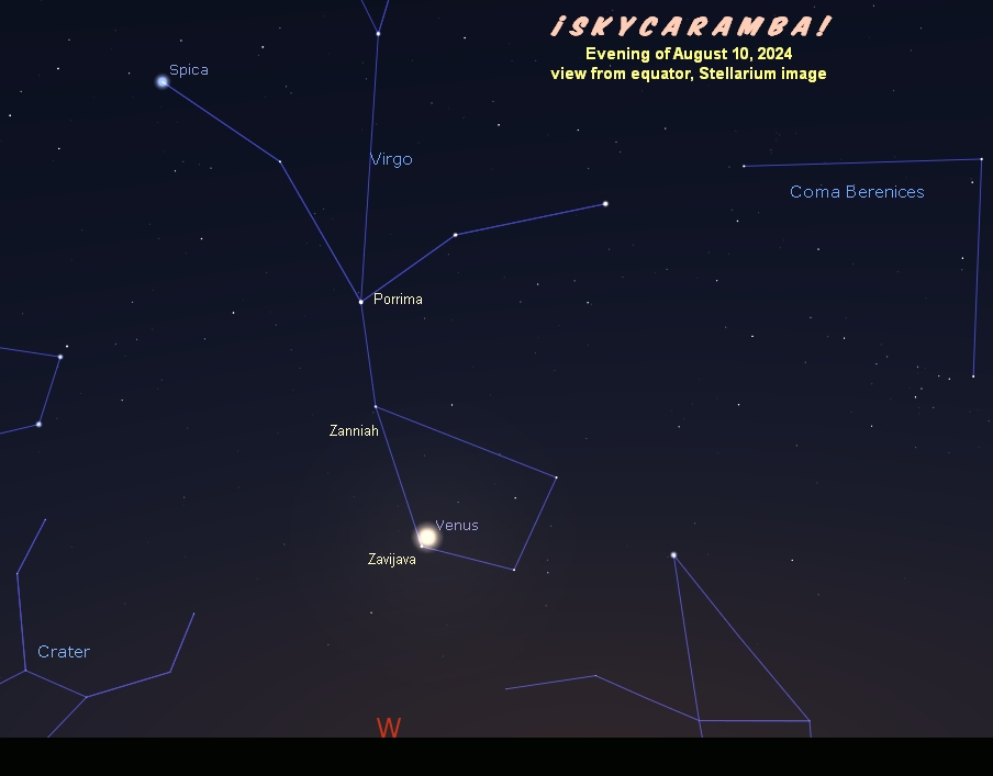 Venus near Zavijava, evening of August 10, 2024, view from the equator