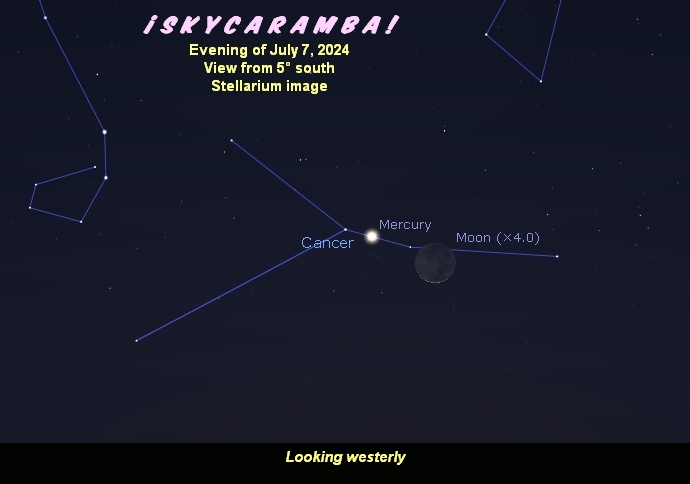 Mercury and the moon in Cancer the evening of July 7, 2024, viewed from 5° south