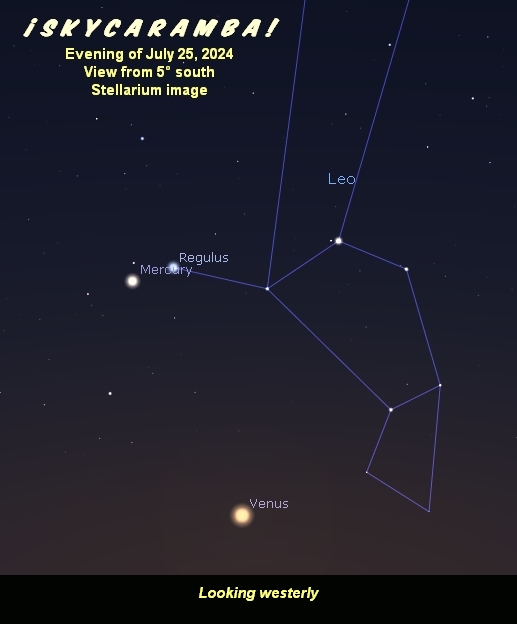 Mercury by Regulus and Venus entering Leo, evening of July 25, 2024, viewed from 5° south