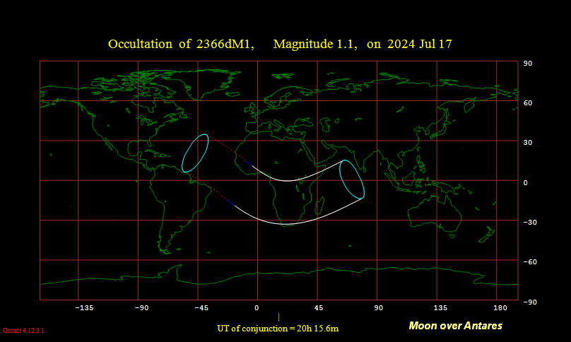 Visibility map for the moon occulting Antares on July 17, 2024 UTC