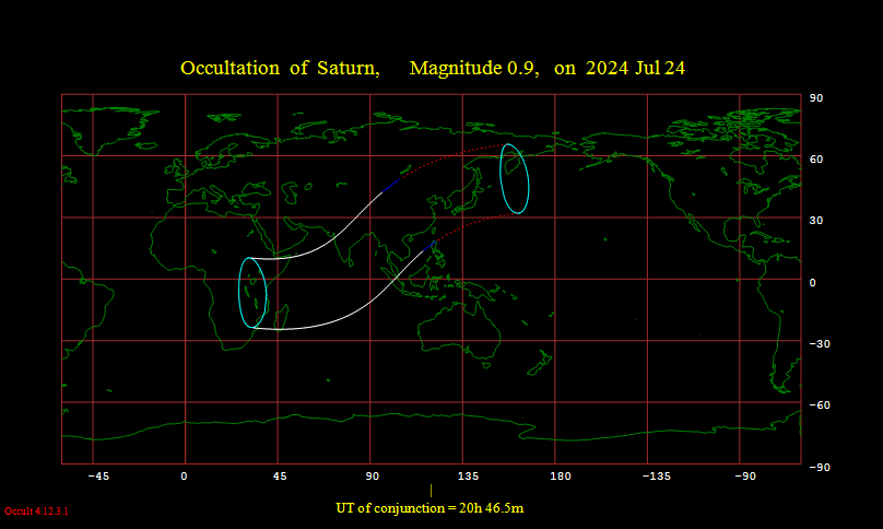 Visibility map for the moon occulting Saturn on July 24, 2024 UTC