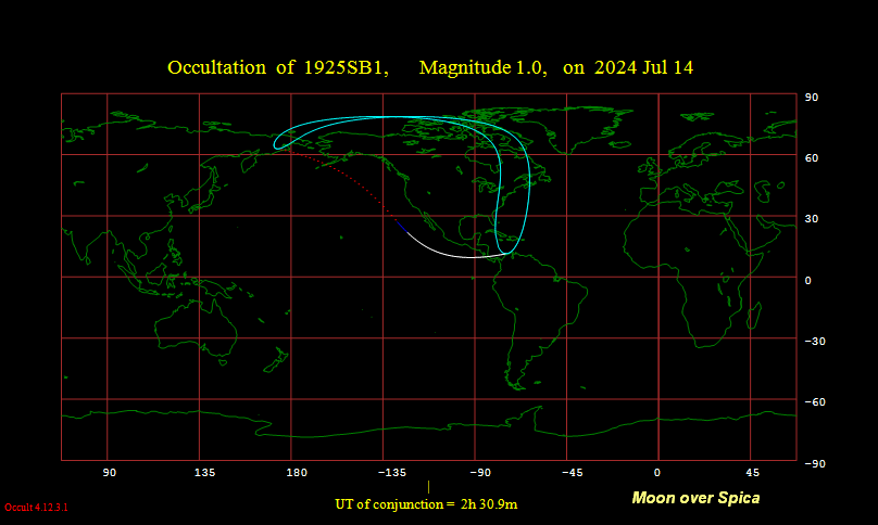 Visibility map for the moon occulting Spica, July 14, 2024 UTC