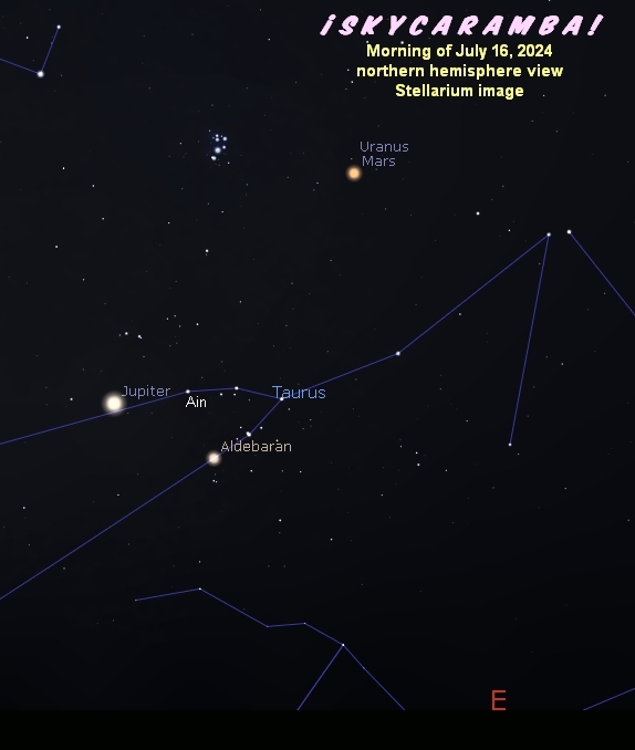 Uranus, Mars, and Jupiter in the morning sky July 16, 2024